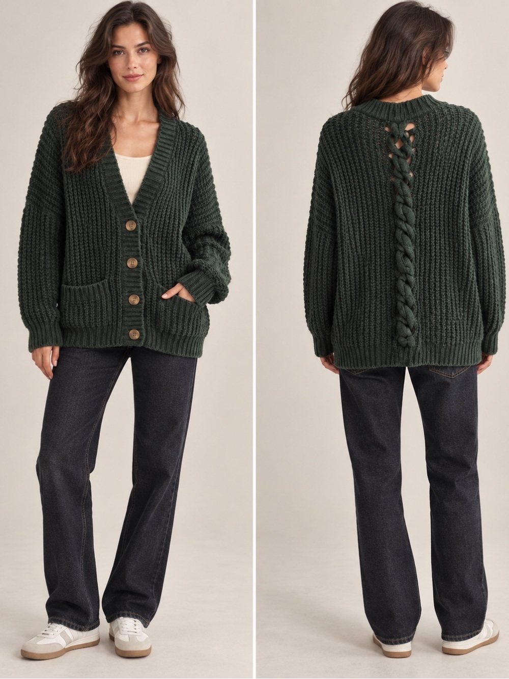 BDG Forest Green Chunky Knit Lace-Up Back Cardigan | Size s